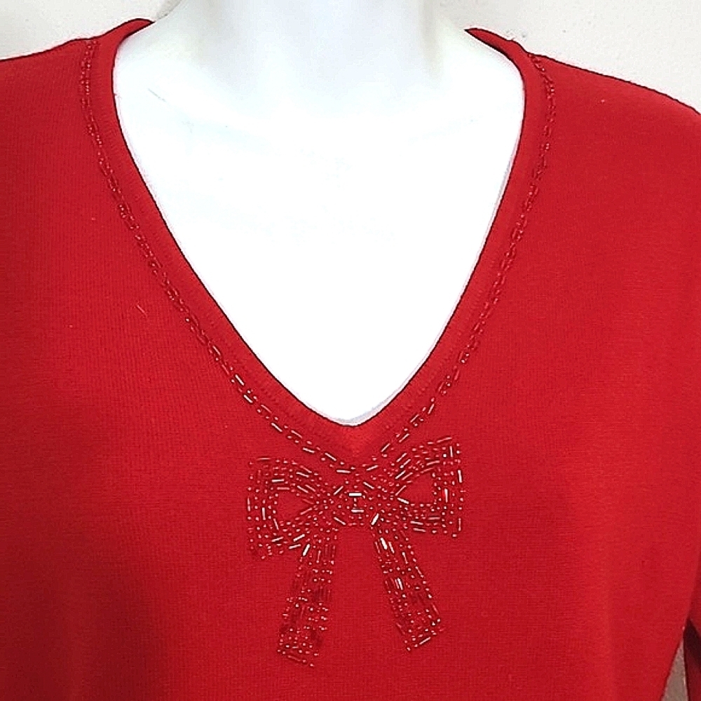 Norton Mcnaughton Red V-Neck Sweater Beaded Bow Embellished 3/4 Sleeve Small